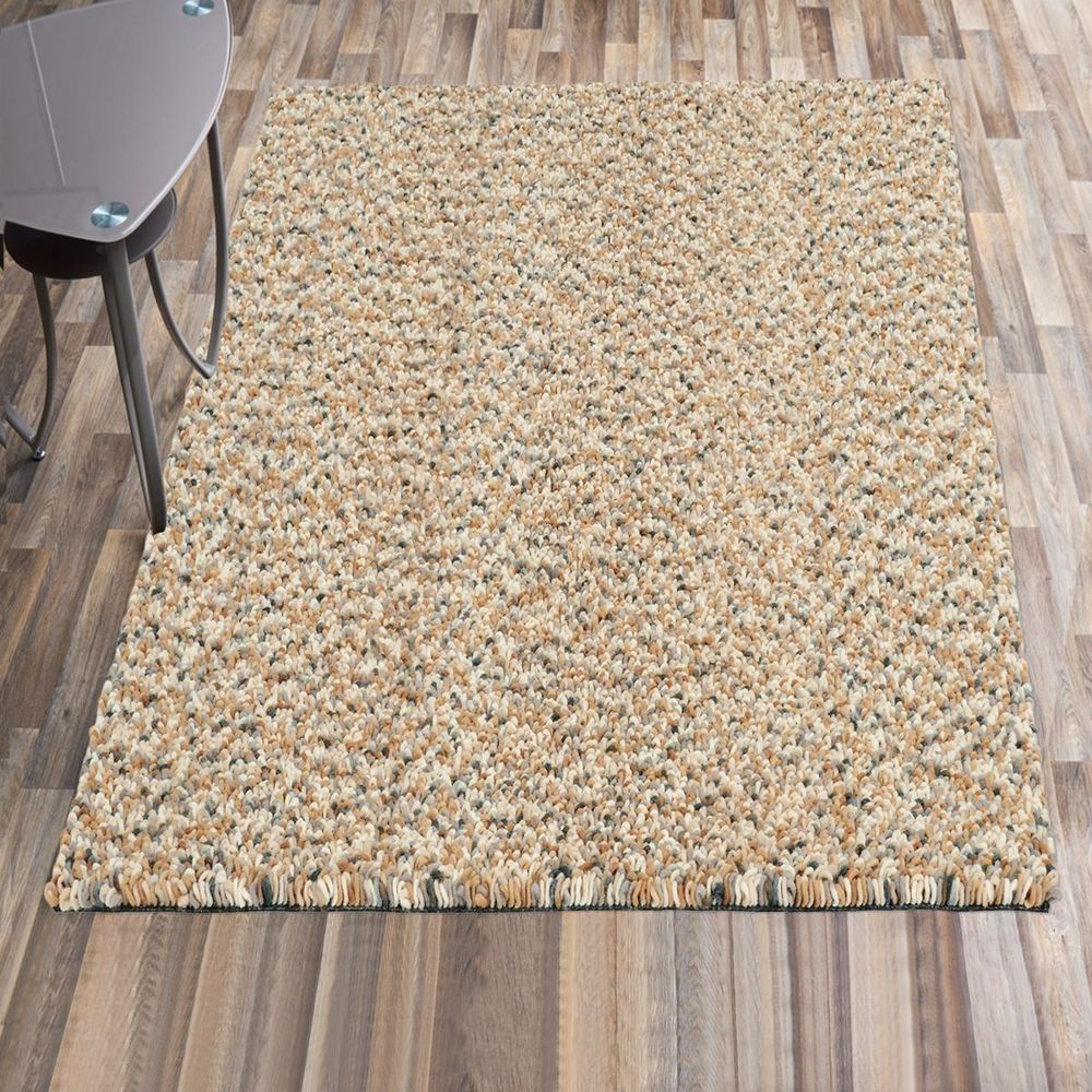 Tapis longs poils shaggy 250x350 rectangle tissé beige et bleu en laine