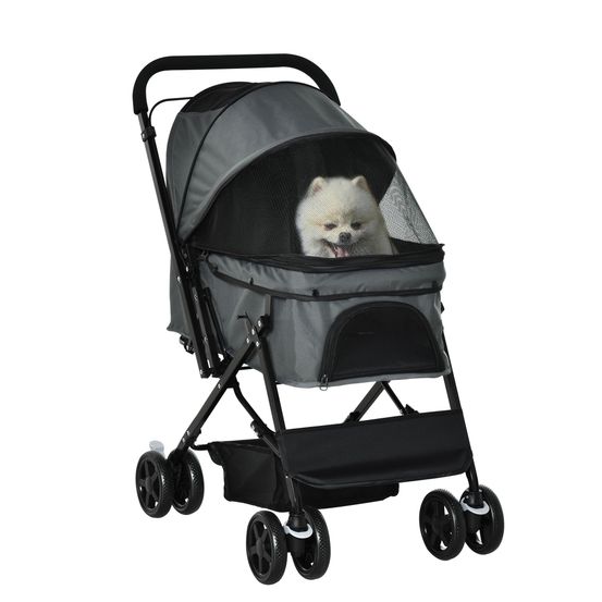 Poussette pour chien chat acier oxford transport pliable guidon réversible 76cm gris