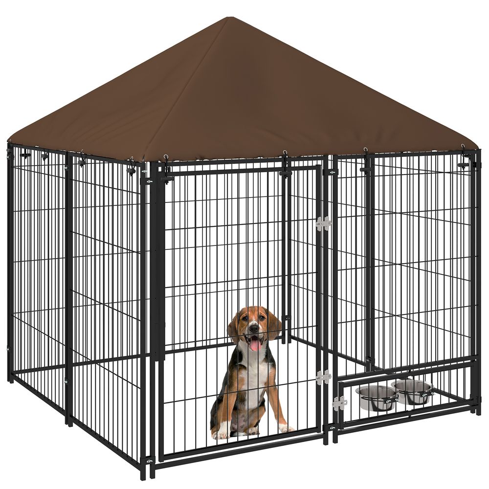Chenil extérieur en métal pour chiens avec toit imperméable 141x141cm café