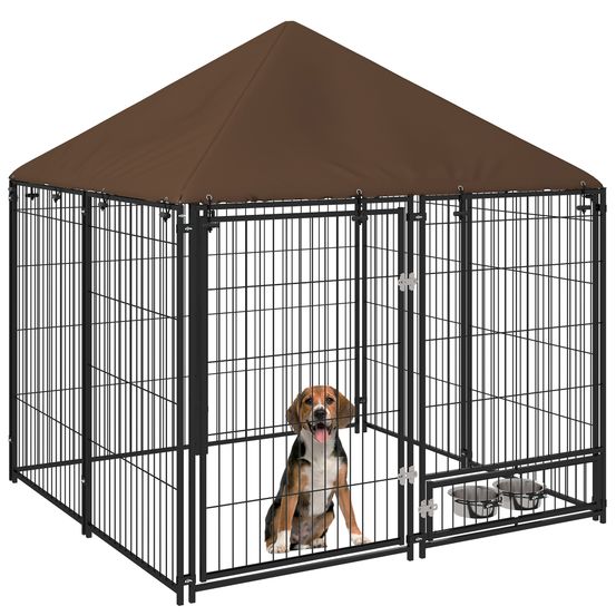 Chenil extérieur en métal pour chiens avec toit imperméable 141x141cm café
