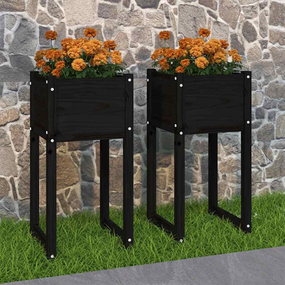 Lot de 2 jardinières hautes en bois de pin massif noir 40x40x81 cm