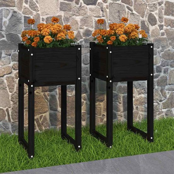 Lot de 2 jardinières hautes en bois de pin massif noir 40x40x81 cm