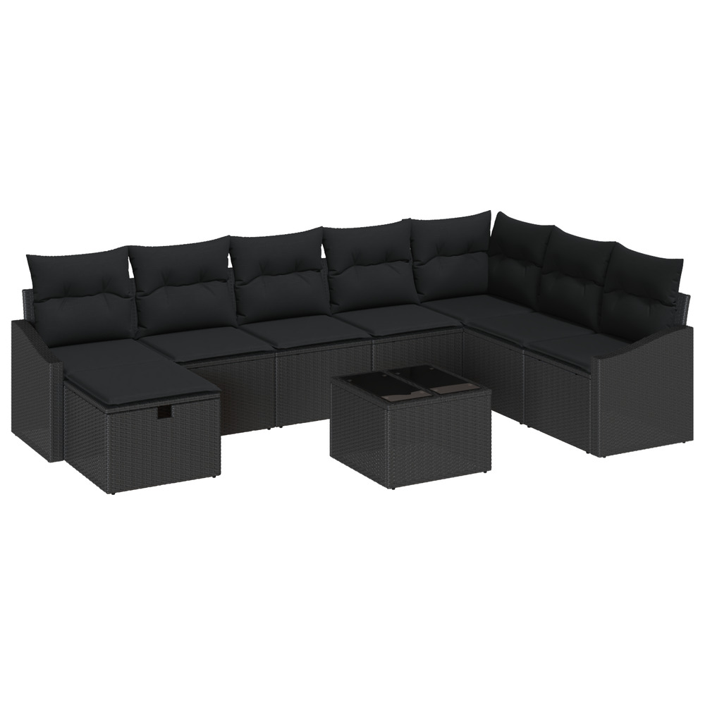 Ensemble de canapé de jardin 9 pièces avec coussins noir poly rattan