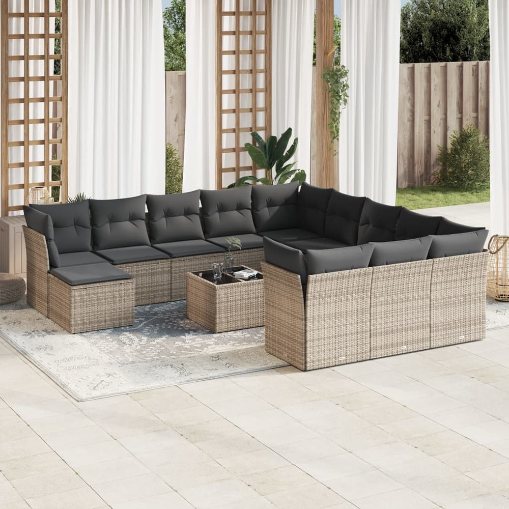 Salon de jardin avec coussins 13 pcs gris résine tressée