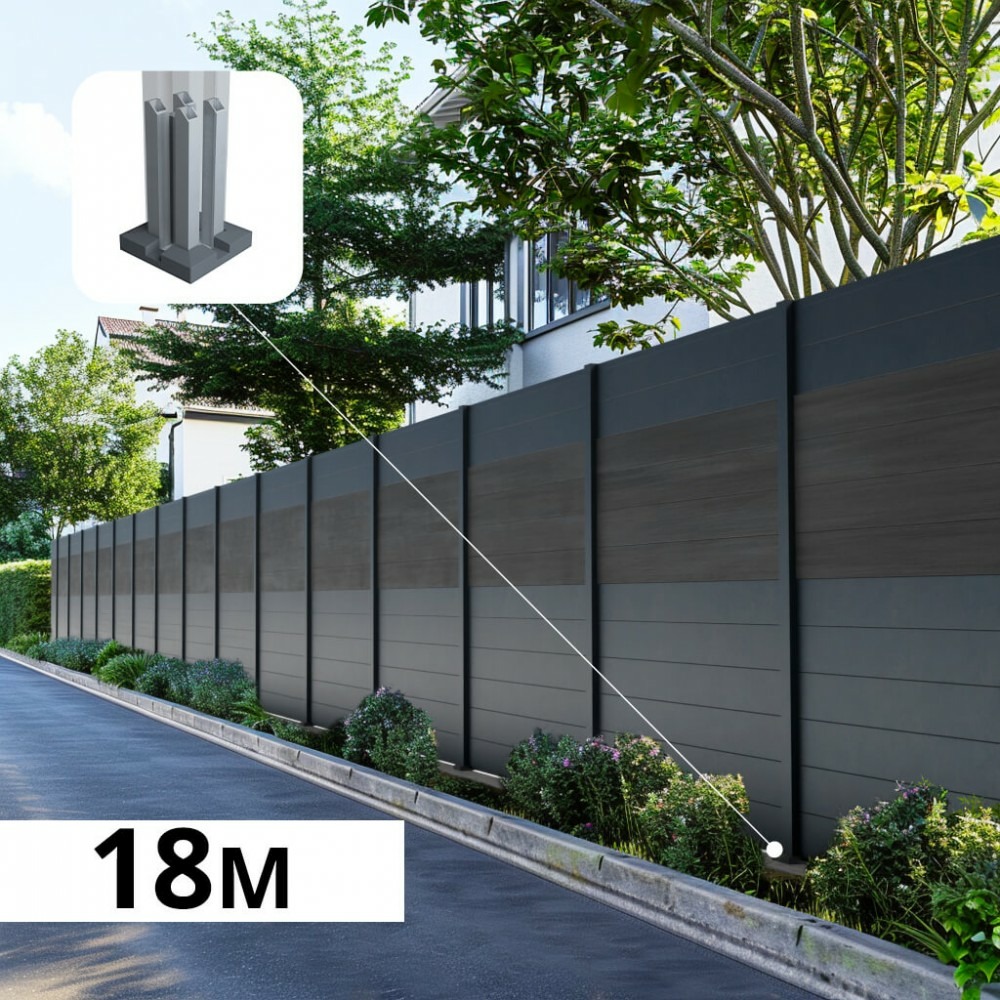 Kit clôture aluminium bahia & cruz ardoise 18,33x1,8m - aluminium et bois composite - poteaux sur platines gris - occultation