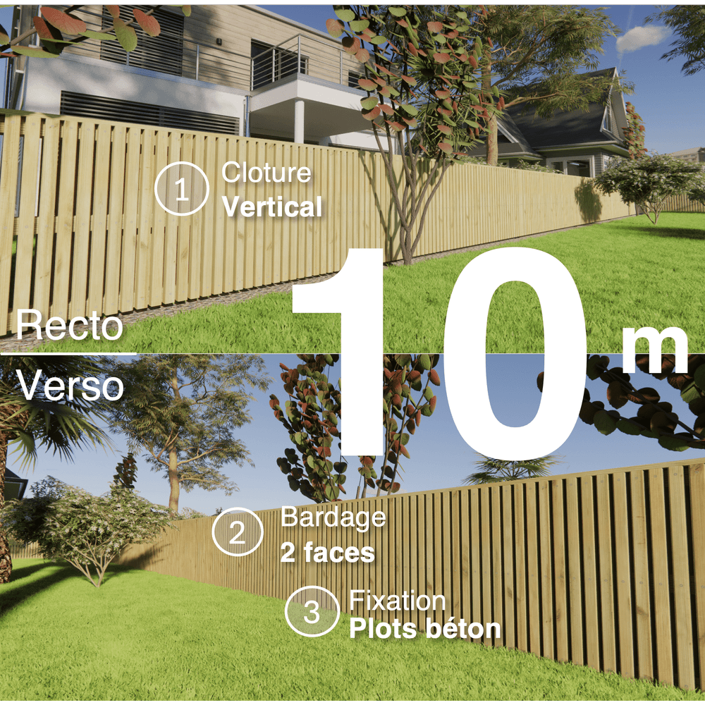 Kit clôture bois moderne 10m – h 0,9m – 45 x 45 mm autoclave – pose vertical – double face – à sceller