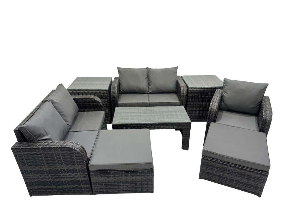 8 pcs ensembles de salon de jardin avec 2 tables d'appoint 2 grand tabourets gris foncé mixte