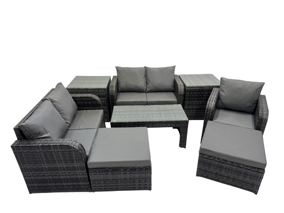 8 pcs ensembles de salon de jardin avec 2 tables d'appoint 2 grand tabourets gris foncé mixte