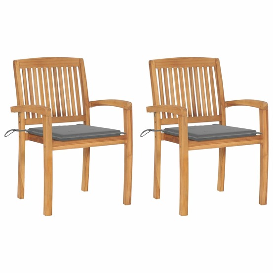 Chaises de jardin lot de 2 et coussins gris bois de teck massif