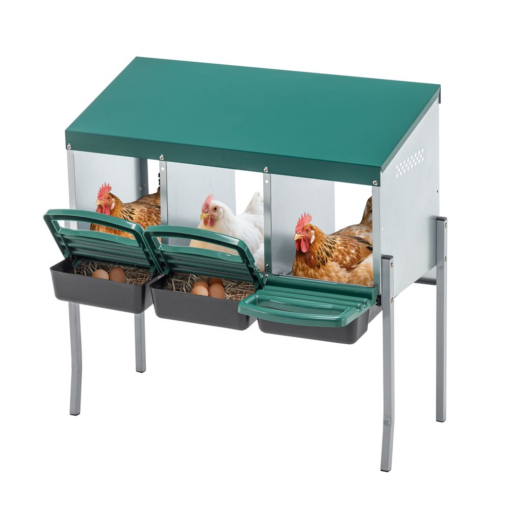 Pondoir poules 3 compartiments acier pour poulailler ramassage facile 80x33x81cm vert