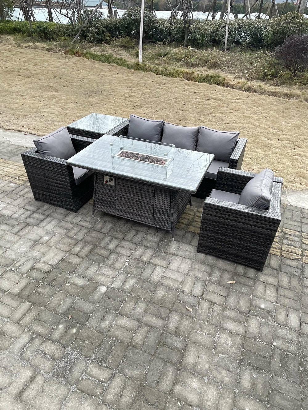 Outdoor pe rotin garden furniture foyer à gaz table à manger fauteuil côté table basse gris foncé mixte