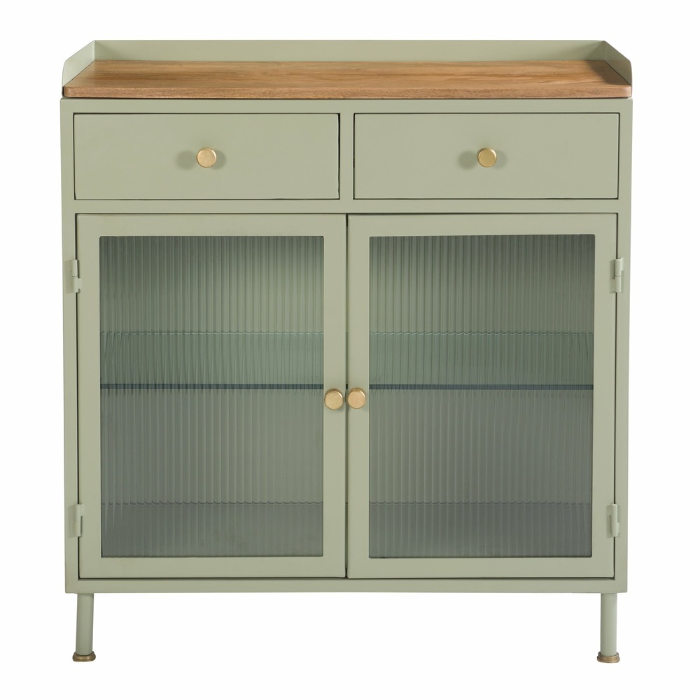 Marnie-buffet 2 portes 2 tiroirs en métal vert, manguier et verre