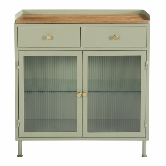 Marnie-buffet 2 portes 2 tiroirs en métal vert, manguier et verre