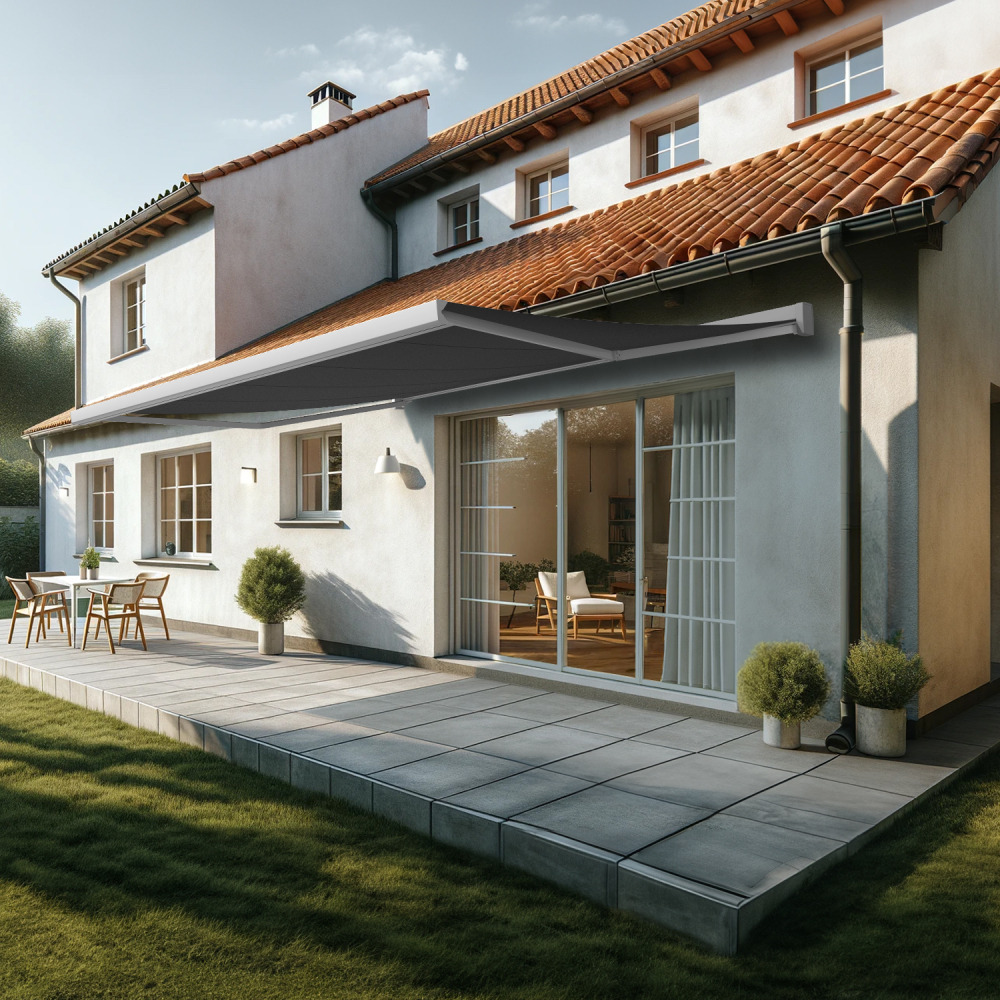 Store banne coffre intégral soa 5,00x3,50 m (motorisé secours à télécommande - blanc satiné ral9010 - gris graphite)