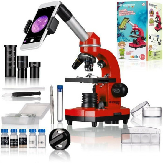 Microscope étudiant biolux sel - bresser junior - grossissement 40x-1600x - kit d'expérimentation - rouge