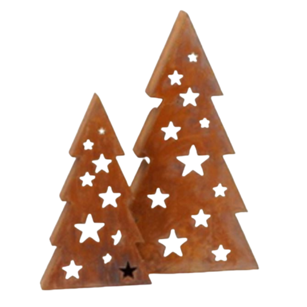 Set de deux sapins ajourées en métal rouillé marron h.50-60 cm