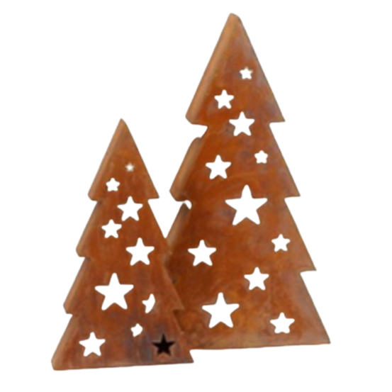 Set de deux sapins ajourées en métal rouillé marron h.50-60 cm
