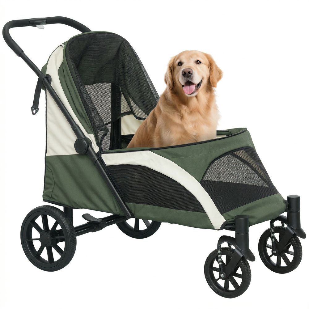 Poussette spacieuse acier grand chien pliage un clic 124x67x100cm vert