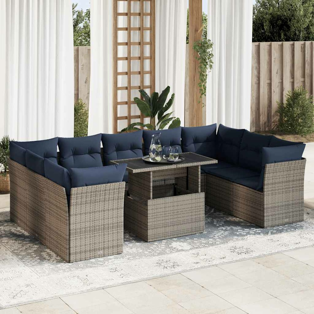 Salon de jardin avec coussins 10 pcs gris résine tressée acacia