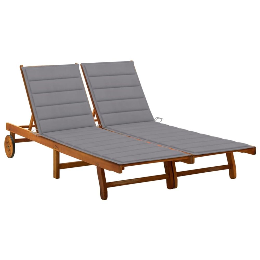 Chaise longue de jardin 2 places avec coussins acacia solide bain de soleil