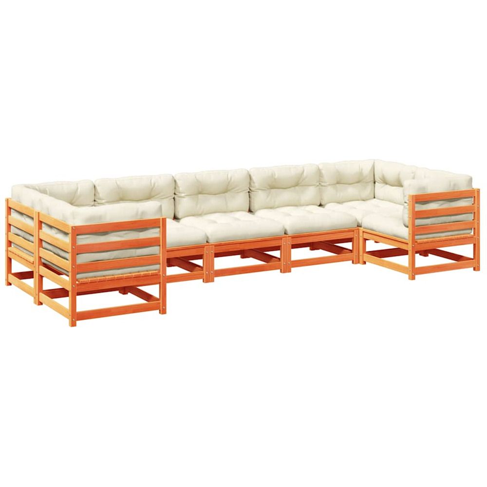 Salon de jardin 7 pcs avec coussins cire marron bois pin massif
