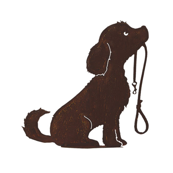 Chien avec laisse métal rouillé : figurine décorative de jardin - rouille