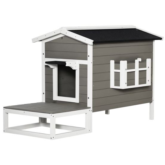 Niche chat extérieure bois sapin balcon terrasse abri imperméable gris 115x74cm