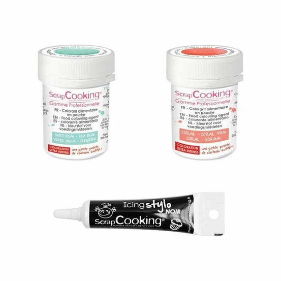 2 colorants alimentaires corail-vert d'eau + stylo glaçage noir