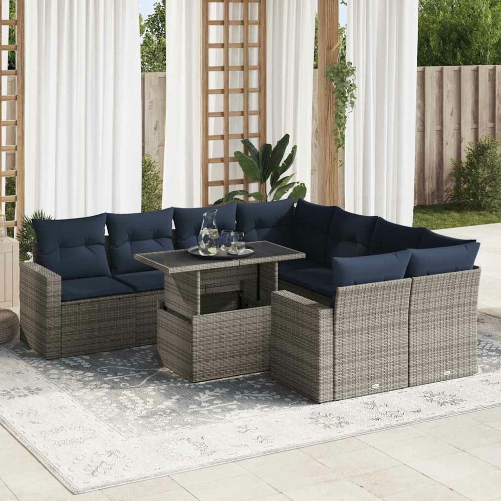 Salon de jardin avec coussins 9 pcs gris résine tressée acacia