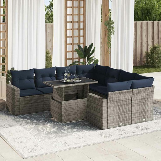 Salon de jardin avec coussins 9 pcs gris résine tressée acacia