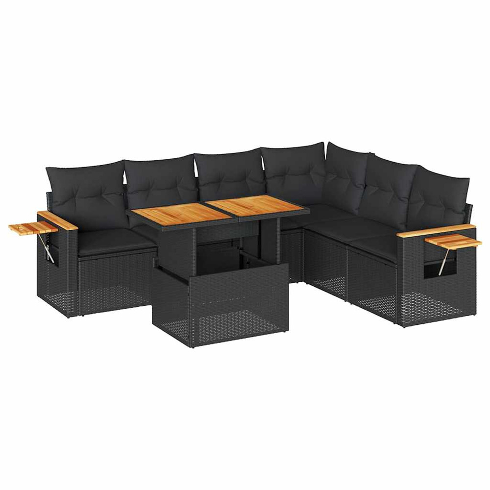 Salon de jardin avec coussins 7 pcs noir résine tressée acacia