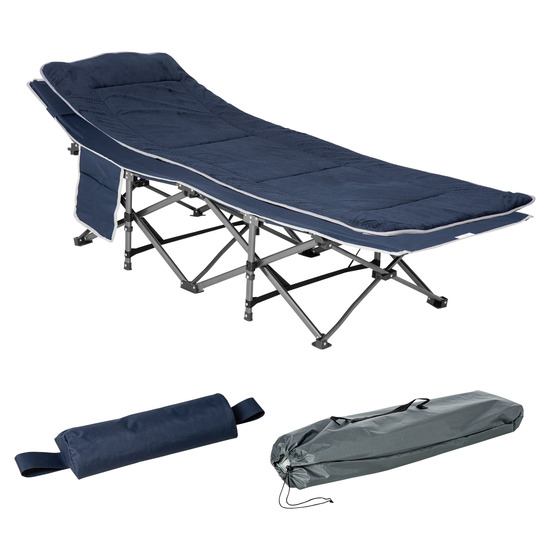 Lit de camp pliant avec oreiller et poche latérale, capacité de charge jusqu'à 150 kg, bleu foncé