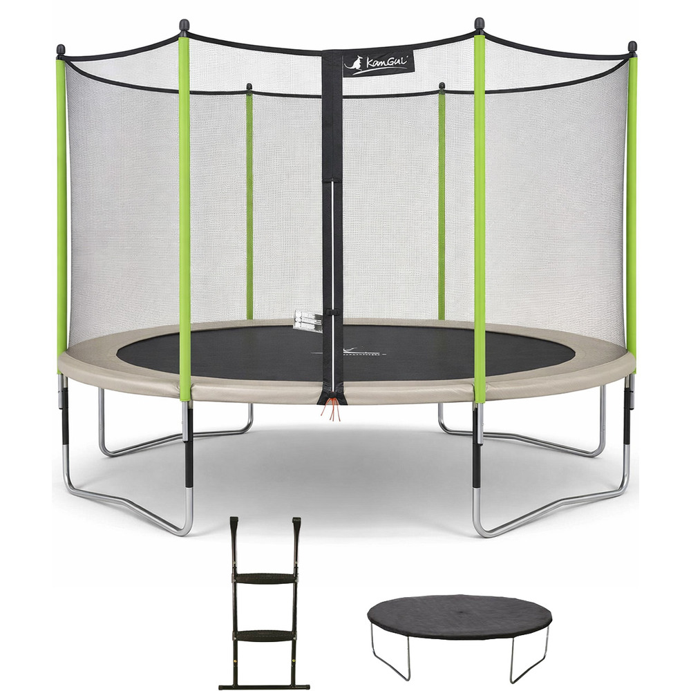 Trampoline jardin ø 430 cm + filet + échelle + bâche - jumpi 430 - taupe/vert