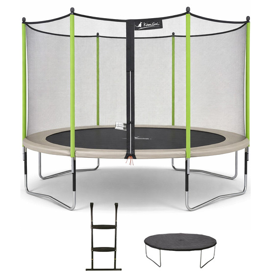 Trampoline jardin ø 430 cm + filet + échelle + bâche - jumpi 430 - taupe/vert