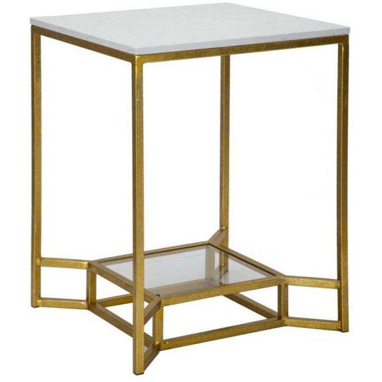 Bout de canapé en métal plateau imitation marbre double 47 x 47 x 60 cm