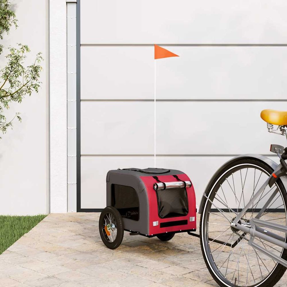 Remorque vélo pour chien en fer et tissu oxford pour transport sécurisé rouge et gris