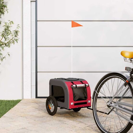 Remorque vélo pour chien en fer et tissu oxford pour transport sécurisé rouge et gris