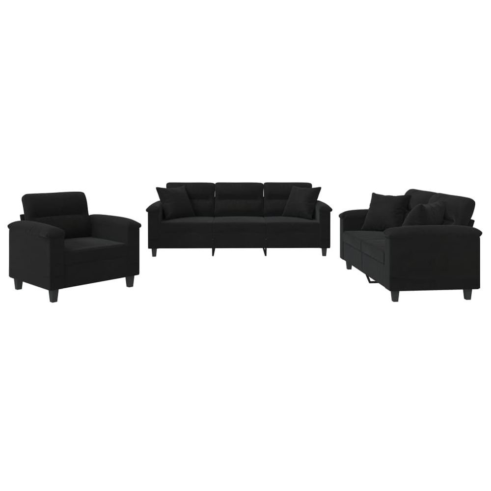Ensemble de canapés 3 pcs avec coussins noir tissu microfibre