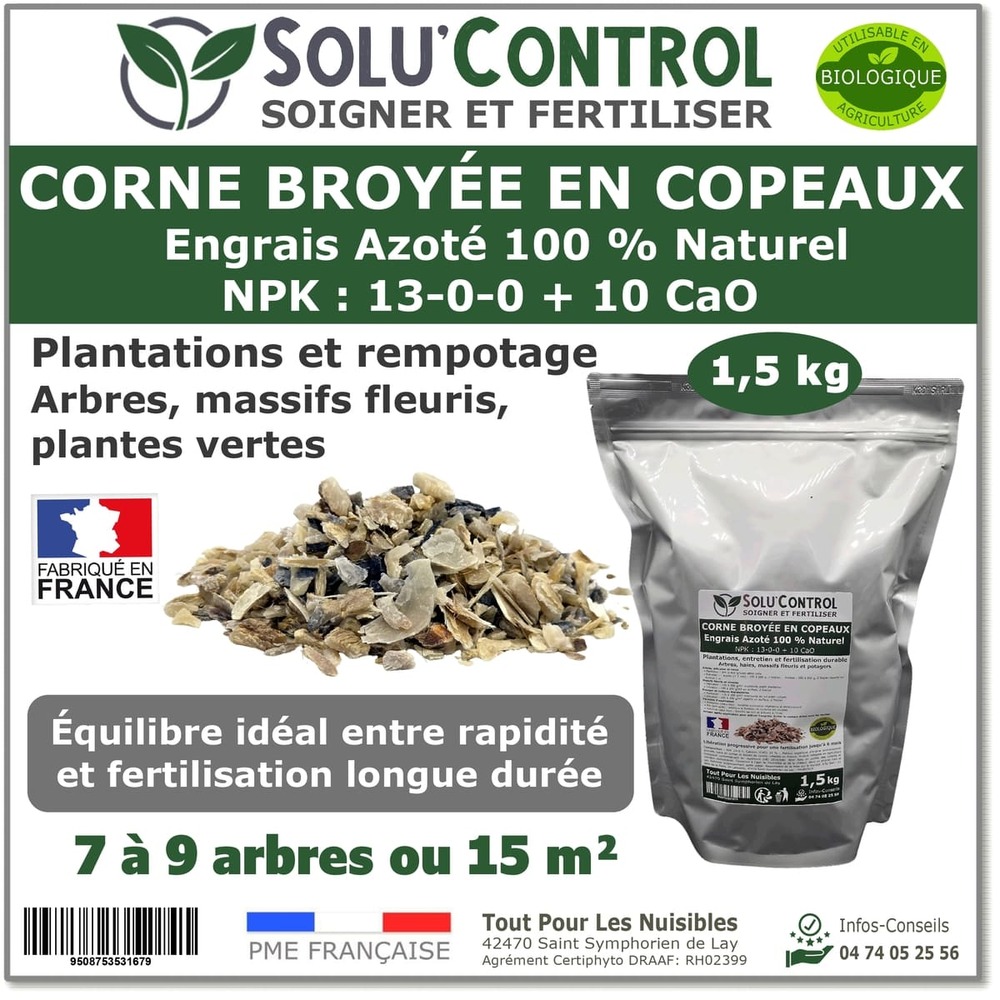 1,5 kg de corne broyée en copeaux solucontrol - engrais azoté 100 % naturel - fertilisation équilibrée pour arbustes, haies, massifs