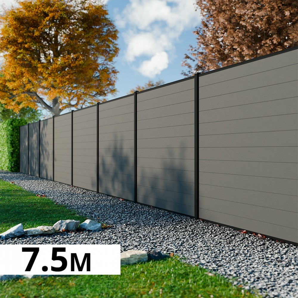 Kit clôture bois composite platine 7,5x1,8m rio - poteaux en aluminium noir - brise vue - palissade