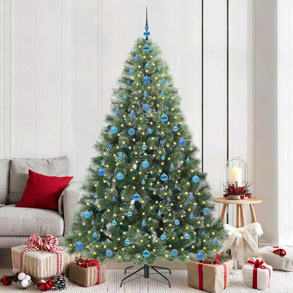 Sapin de noël artificiel réaliste 210 cm avec 300 led et décorations complètes