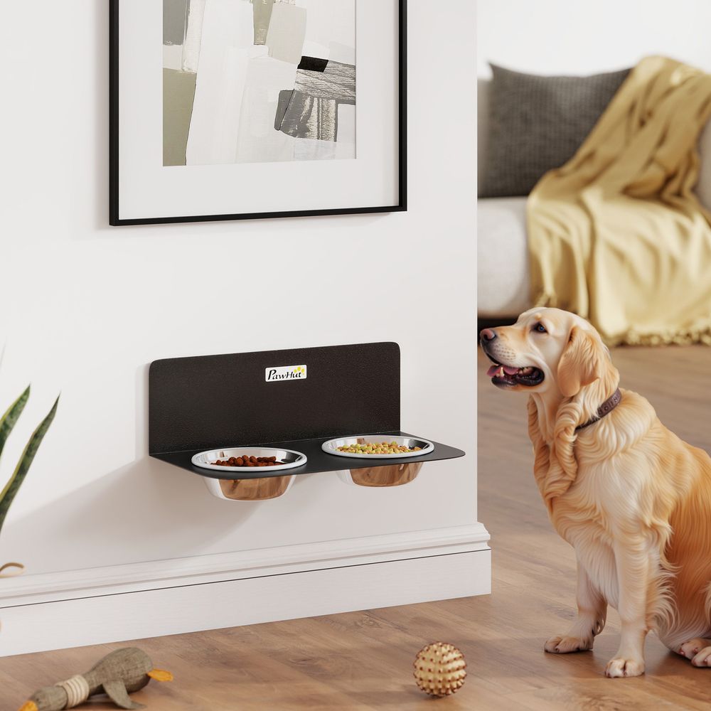 Gamelle double murale pour chien en acier noir avec 2 bols en inox de 800 ml à hauteur réglable et gain de place