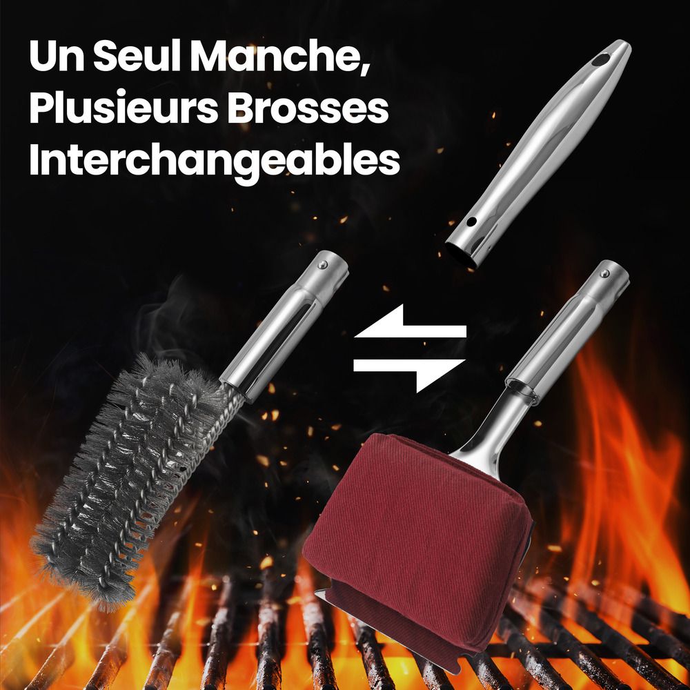 Kit nettoyage grill 2 en 1 brosse barbecue interchangeable et grattoir plancha