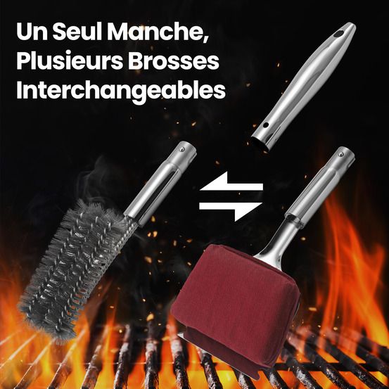 Kit nettoyage grill 2 en 1 brosse barbecue interchangeable et grattoir plancha
