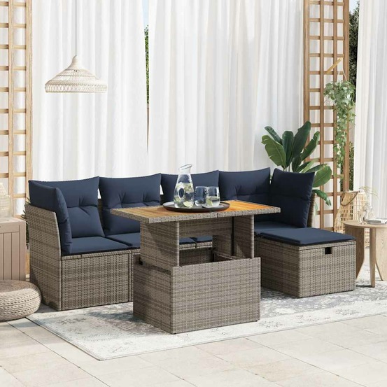 Salon de jardin avec coussins 6 pcs gris résine tressée acacia