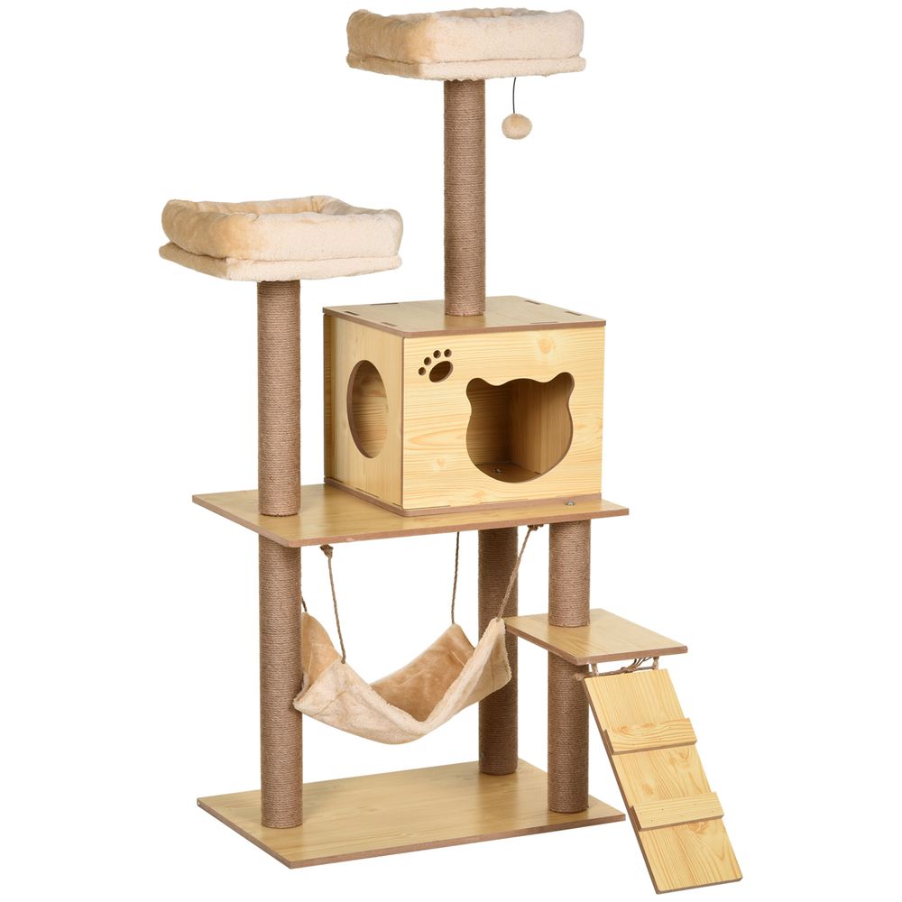 Arbre à chat bois 130 cm tour avec poteaux en jute lits niche et hamac