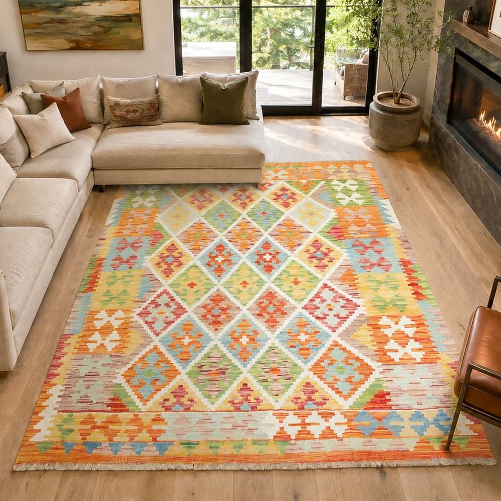 Tapis kilim 147 x 192 cm, multicolore orange et vert, laine, kilim 46
