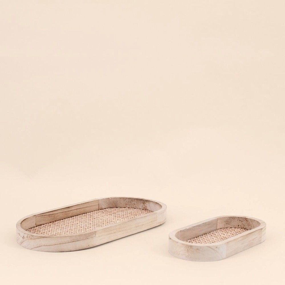 Lot de 2 plateaux ovales en bois et rotin