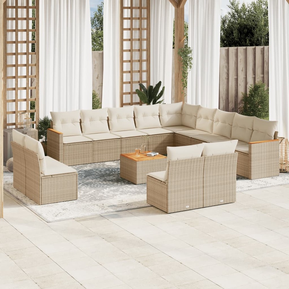 Salon de jardin avec coussins 14 pcs beige résine tressée