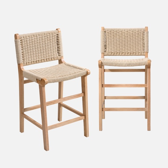 Lot de 2 tabourets de bar en bois d'hévéa et assise en cordes